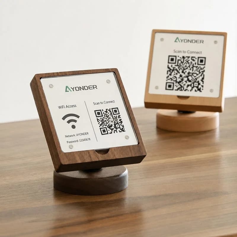 Wood QR code signs for hospitality tables