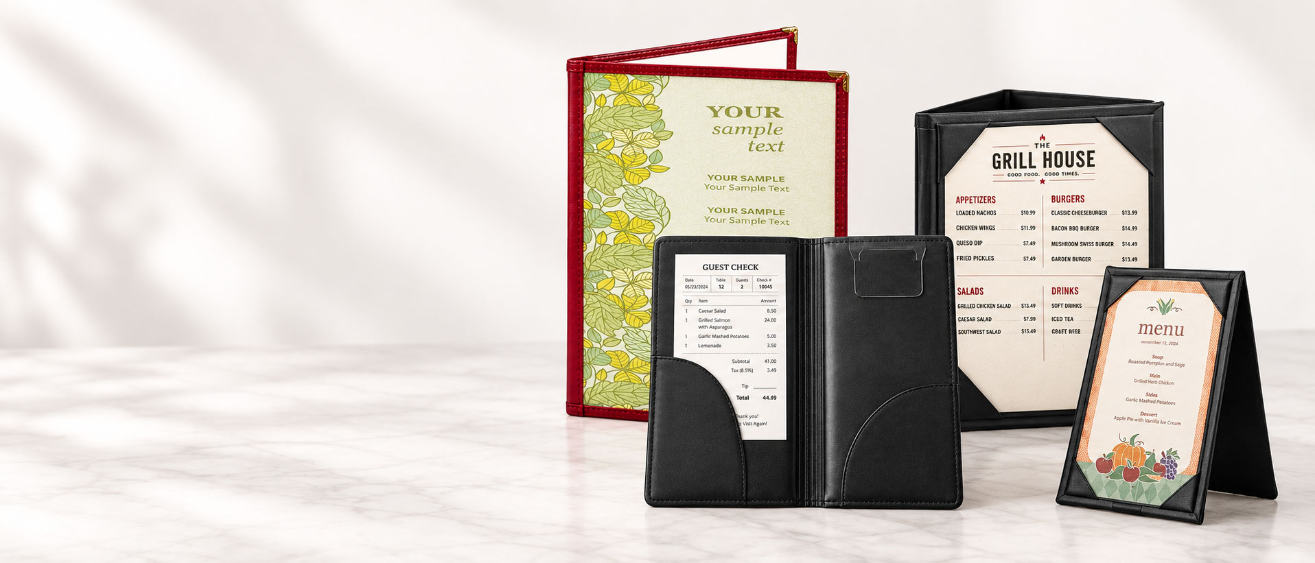 Quick ship menu covers, check presenters and table tents