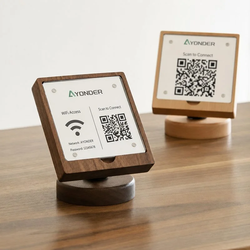 Wood QR code signs for hospitality tables