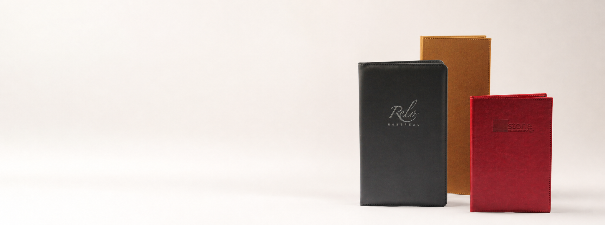 Custom restaurant menu covers with text-safe space